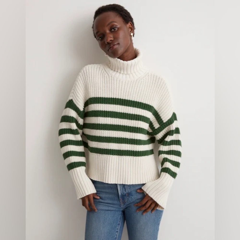 Madewell Marled Wide Rib Mockneck Sweater Knit Striped Green Cream Sz Large
